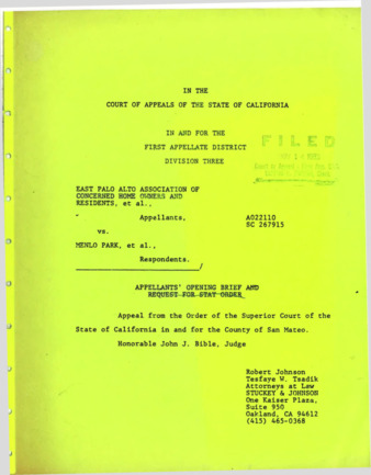 Opening Brief for EPA Association of Concerned Home Owners and Residents vs. Menlo Park (Dumbarton Distribution Center)