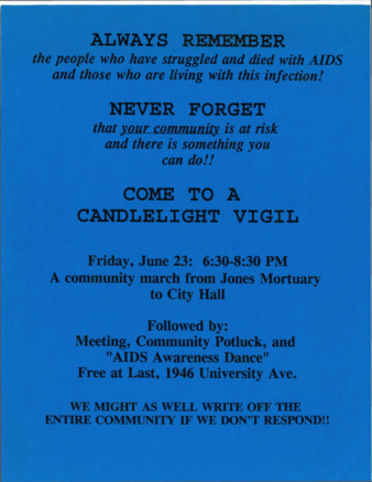 Flyer for a Candlelight Vigil for Victims of AIDS