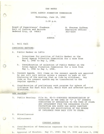 LAFCo Meeting Agenda - June 16, 1982