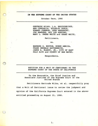 Petition for a Writ of Certiorari to the Supreme Court of the State of CA for Gertrude Wilks, et al., vs. Barbara Mouton, et al. 