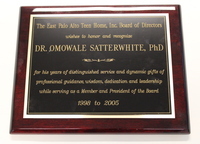 Plaque Honoring Dr. Omowale Satterwhite from the EPA Teen Home