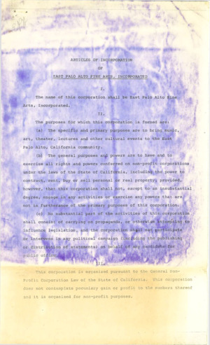 Articles of Incorporation of East Palo Alto Fine Arts, Incorporated