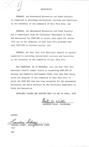 Resolution of the Ravenswood Recreation and Park District Board of Directors and EPA Municipal Council Approving the Application for Land and Water Conservation Funds for Acquisition of Ravenswood High School Open Space