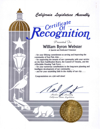 California Legislative Assembly Certificate of Recognition for William Webster