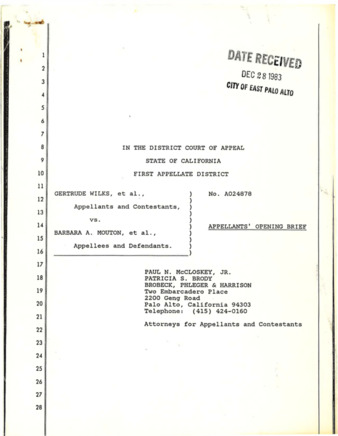 Appellants' Opening Brief for Gertrude Wilks, et al., vs. Barbara Mouton, et al., in the First Appeals Court of CA