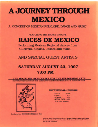 Flyer for Raices de Mexico's A Journey Through Mexico 1997