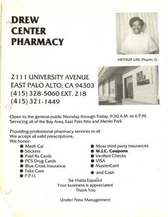 Flyer for the Drew Center Pharmacy