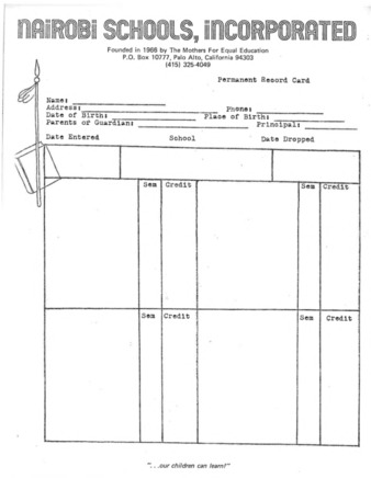 Blank Nairobi Schools Permanent Record Card