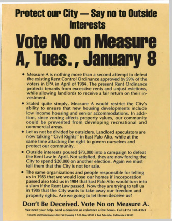 Flyer to Vote No on Measure A, a Rent Control Ordinance