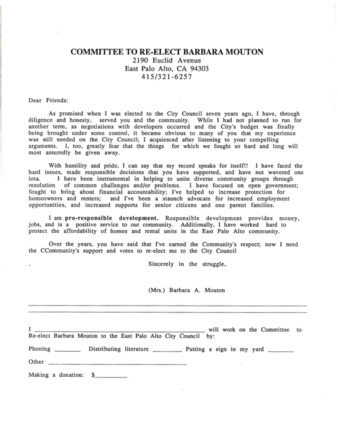 Re-Election Letter from Barbara Mouton and the Committee to Re-Elect Barbara Mouton