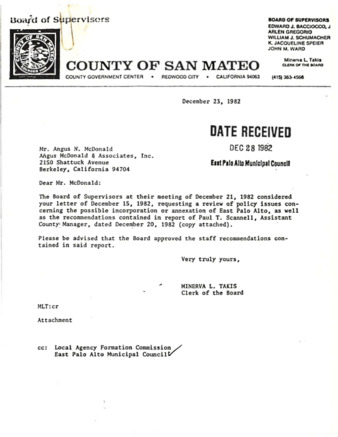 Letter from San Mateo County Clerk Minerva Takis to Angus McDonald