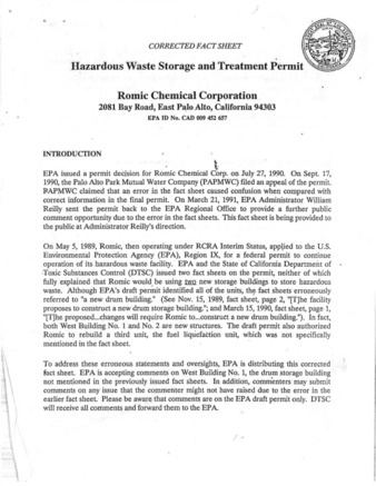 Correct Fact Sheet on ROMIC's Hazardous Waste Storage and Treatment Permit
