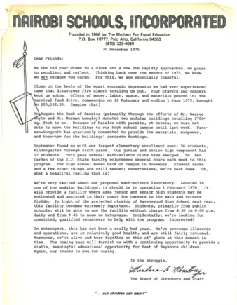 Letter from Barbara Mouton with 1975 Annual Update on the Nairobi Schools