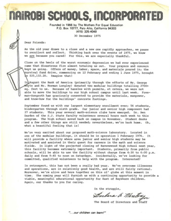 Letter from Barbara Mouton containing the 1975 Annual Update on the Nairobi Schools