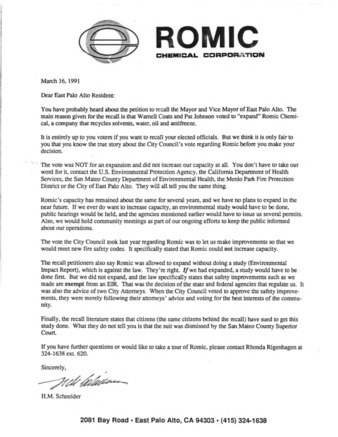 Letter from ROMIC to residents about EPA City Council's Vote on ROMIC
