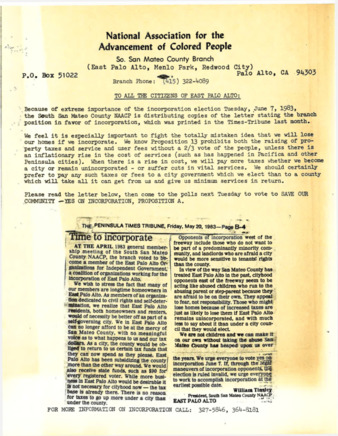 Statement in favor of incorporation by the National Association for the Advancement of Colored People So. San Mateo County Branch