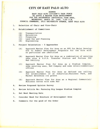 Agenda for the East Palo Alto Citizen's Task Force to Study a Master Plan Development for the Ravenswood Industrial Park Area