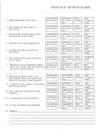 Raices de Mexico Evaluation of Instructor by Board Form