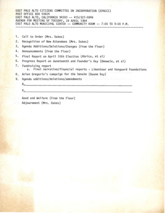 Agenda for EPACCI Meeting - April 24, 1984