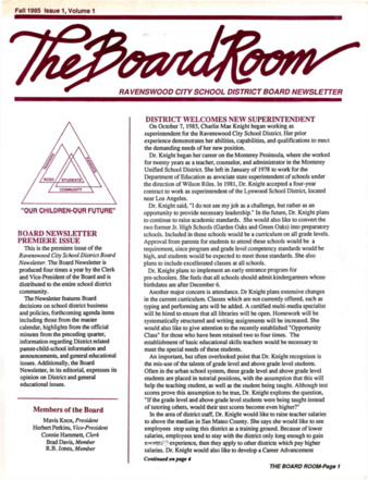 The Board Room: Ravenswood City School District Board Newsletter - Issue 1, Vol. 1 Fall 1985