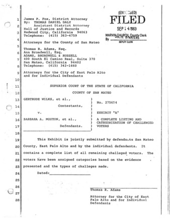 Complete Listing and Categories of Challenged Voters in Gertrude Wilks, et al., vs. Barbara Mouton, et al., in the Superior Court of CA