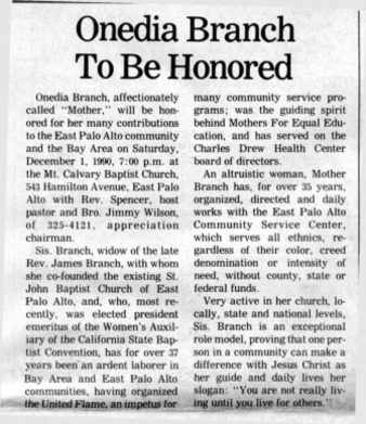 Onedia Branch to be Honored - East Palo Alto Post