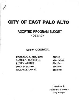 City of East Palo Alto Adopted Program Budget, 1986-1987