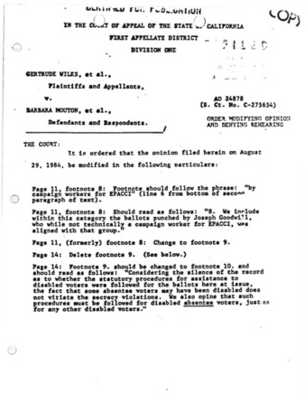 Order Modifying Opinion and Denying Rehearing in Gertrude Wilks, et al., vs. Barbara Mouton, et al. in the First Appellate District of CA