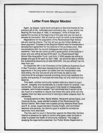 Letter from Mayor Mouton from December 1985 CityConnection