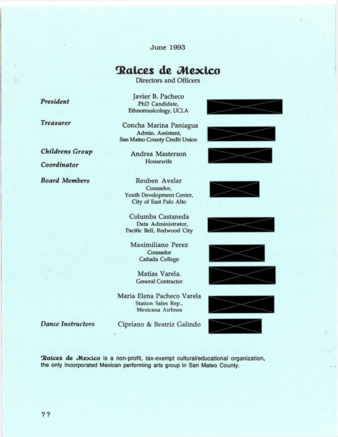 Raices de Mexico Directors and Officers, June 1993