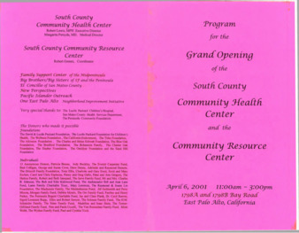 Program for the Grand Opening of the South County Community Health Center and the Community Resource Center