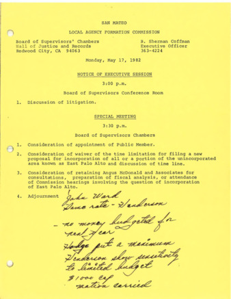 Agenda for LAFCo Special Meeting - May 17, 1982