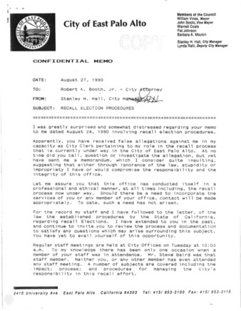 Memo from Stanley Hall to Robert Booth about Recall Election Procedures