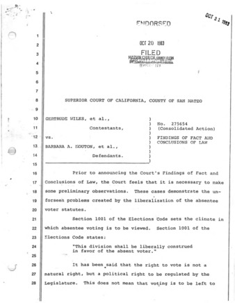 Finding of Fact and Conclusions of Law for Gertrude Wilks, et al., vs. Barbara Mouton, et al. in the CA Superior Court