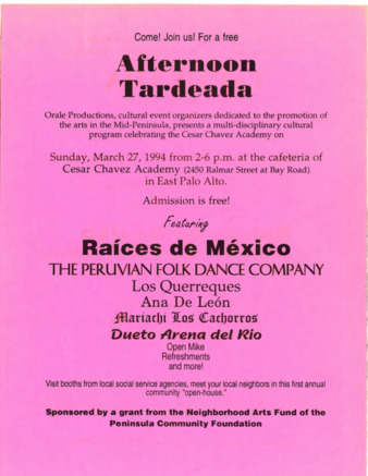 Flyer for the Tardeada Performance at Cesar Chavez Academy