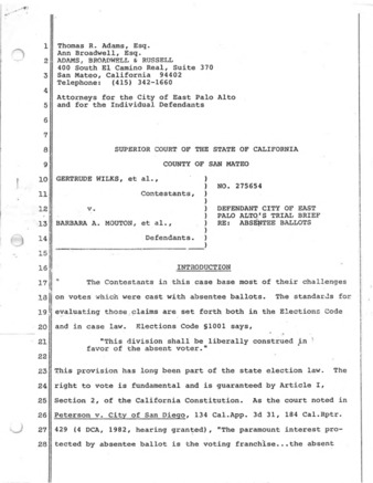 City of East Palo Alto Trial Brief for CA State Superior Court Hearing of Gertrude Wilks, et al., v. Barbara Mouton, et al.