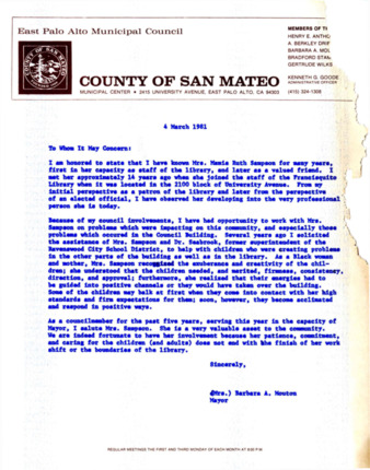 Letter of Recommendation for Mamie Ruth Sampson from Barbara Mouton