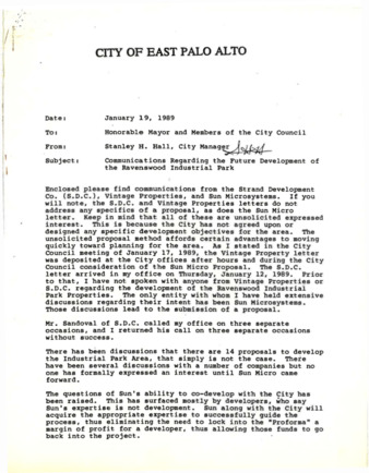 Memo from City Manager Stanley Hall to EPA City Council about Communications Regarding the Future Development of the Ravenswood Industrial Park