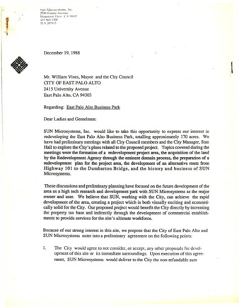 Letter and Preliminary Agreement from Sun Microsystems, Inc. about Developing the East Palo Alto Business Park
