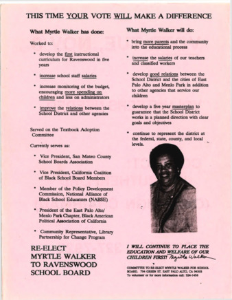 Flyer to Re-Elect Myrtle Walker to the Ravenswood School Board