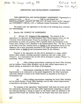 Draft Disposition and Development Agreement between the Redevelopment Agency of the City of East Palo Alto and University Circle, Ltd. 