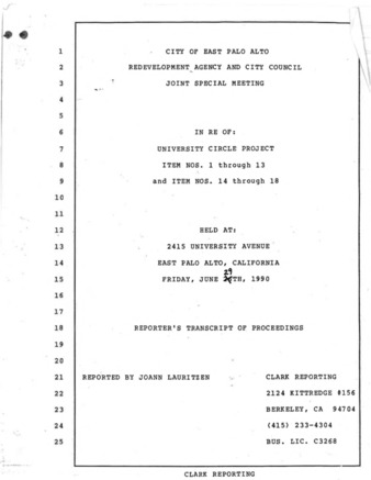 Reporter's Transcript of Proceedings at the City of East Palo Alto Redevelopment Agency and City Council Joint Special Meeting