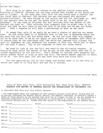 Form to Request Refund of General Excise Tax Established by Ordinance 104