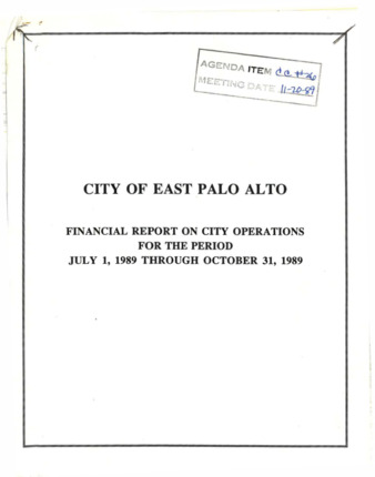 City of East Palo Alto Financial Report on City Operations, July 1989-Oct 1989