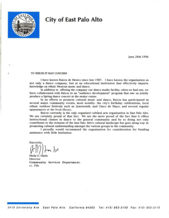 Endorsement Letter of Raices de Mexico from EPA Community Services Department 