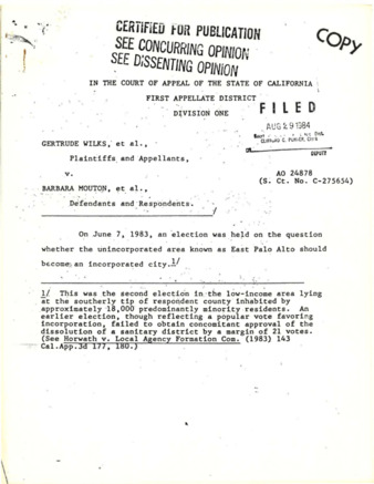 Opinions in Gertrude Wilks, et al. vs. Barbara Mouton, et al., in the First Appellate District of CA