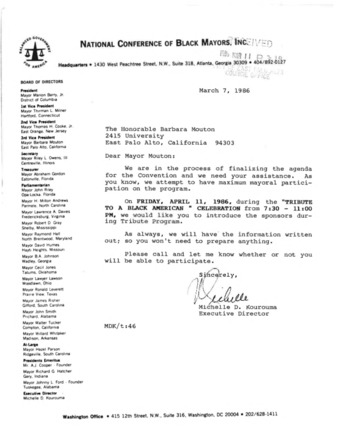 Invitation for Mayor Barbara Mouton to participate in the program for the 1986 National Conference of Black Mayors