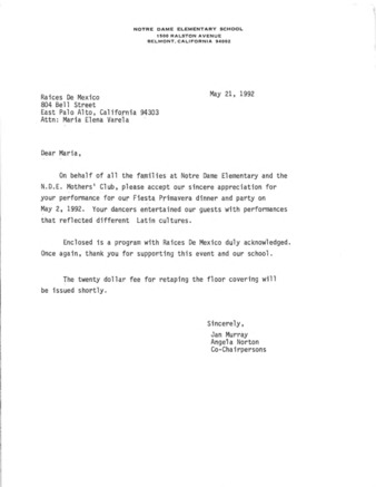Thank You Letters to Raices de Mexico for Performances in 1992