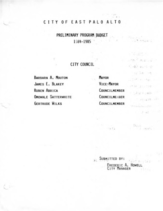 Preliminary Program Budget for the City of East Palo Alto - 1984-1985