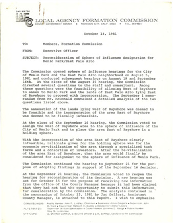 Memo from B. Sherman Coffman about the Reconsideration of Sphere of Influence designation for Menlo Park/East Palo Alto